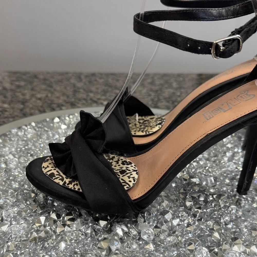 Brash Black Ankle Strap fabric ruffle Heels 8
